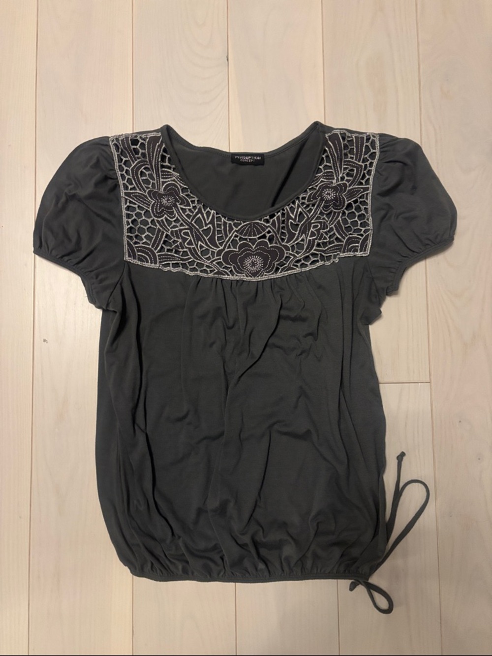 Vintage Dark Gray Scoop Neck Top with Embroidered Yoke